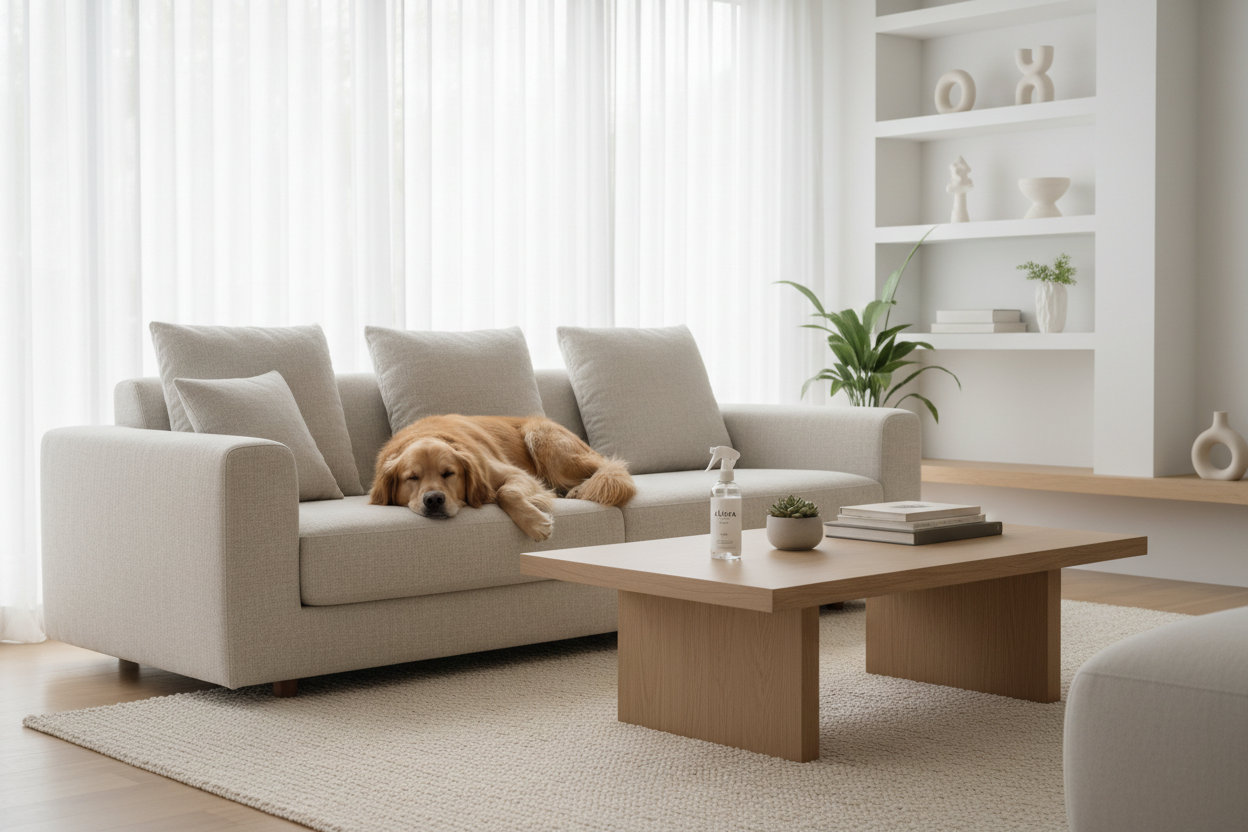 A bright, modern living room with a clean, minimal aesthetic. A happy dog resting on a sofa. A sleek pet deodorant spray bottle labeled “Alora” on a coffee table. Fresh, airy atmosphere, soft natural light, neutral tones. The scene conveys cleanliness, comfort, and an odor-free home. Photorealistic, high-resolution, ecommerce hero image.
